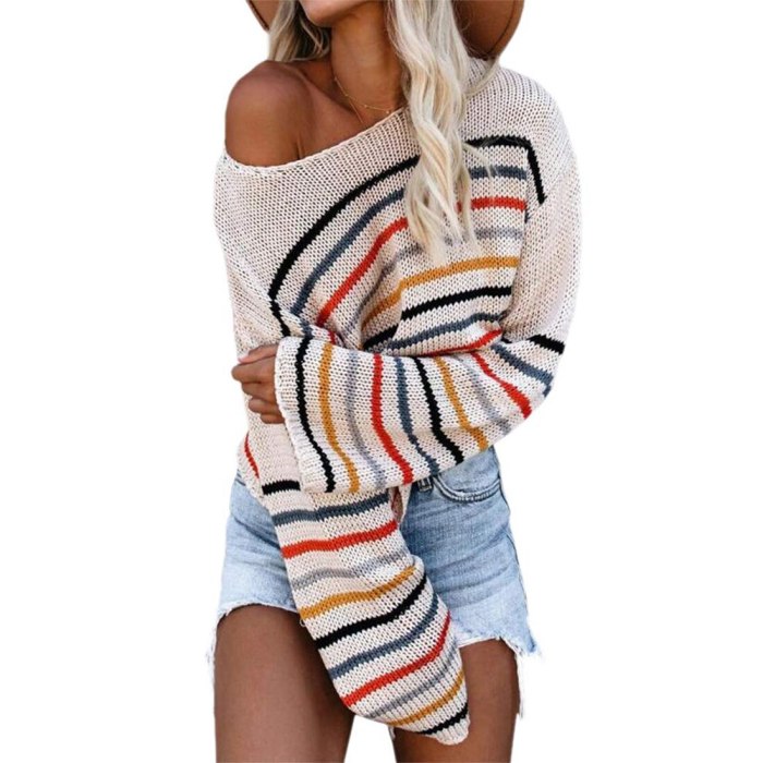 Sweater Womens Rainbow Striped Pullover Sweaters Oversized Loose Knit Crop Tops Hollow Sweater Female Autumn Streetwear