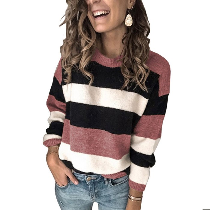 Fashion Women Striped Sweater Autumn Winter O Neck Long Sleeve Sweater Loose Knit Pullover Patchwork Pull Femme Jersey Mujer
