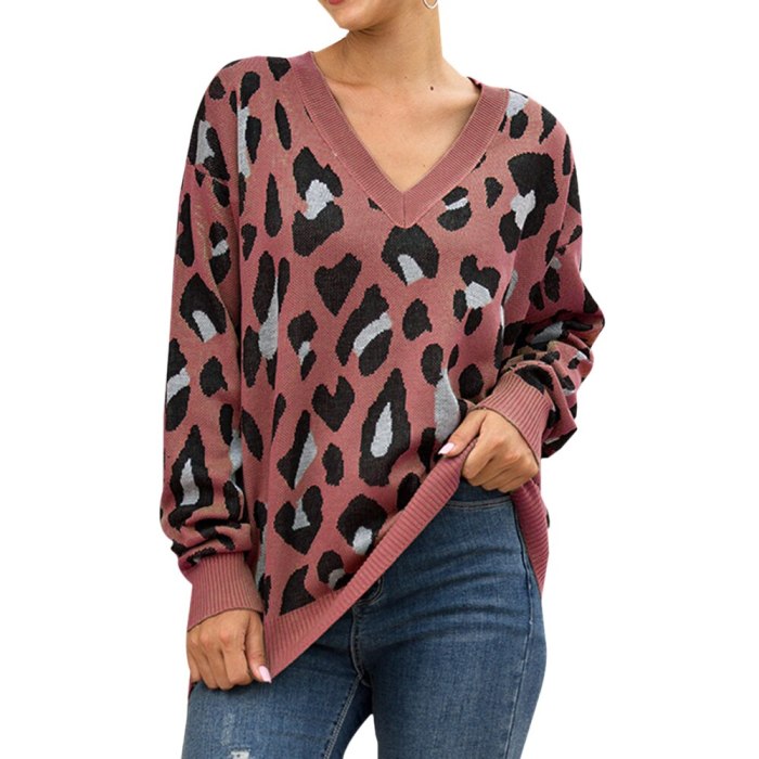 Women Sweater 2020 Spring Autumn Sexy Deep V Neck Long Sleeve Leopard Print Sweater Loose Knitted Pullover Jumper Tops