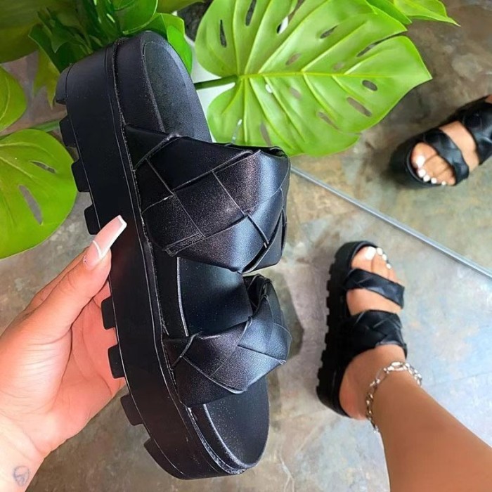 Summer Slippers Weaving Women Slippers Wedges Height Increasing Solid Slides Outdoor Beach Sandals Female 2021 Zapatillas Mujer