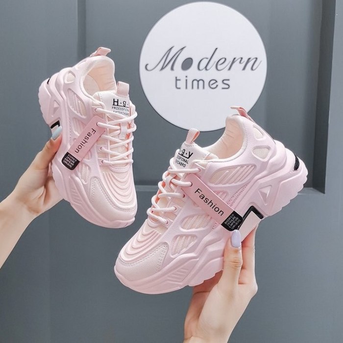 Chunky Sneakers Women Shoes New Autumn Thick Bottom Lace Up High Heels Platform Shoes Woman Solid Leather Casual Shoes Flats