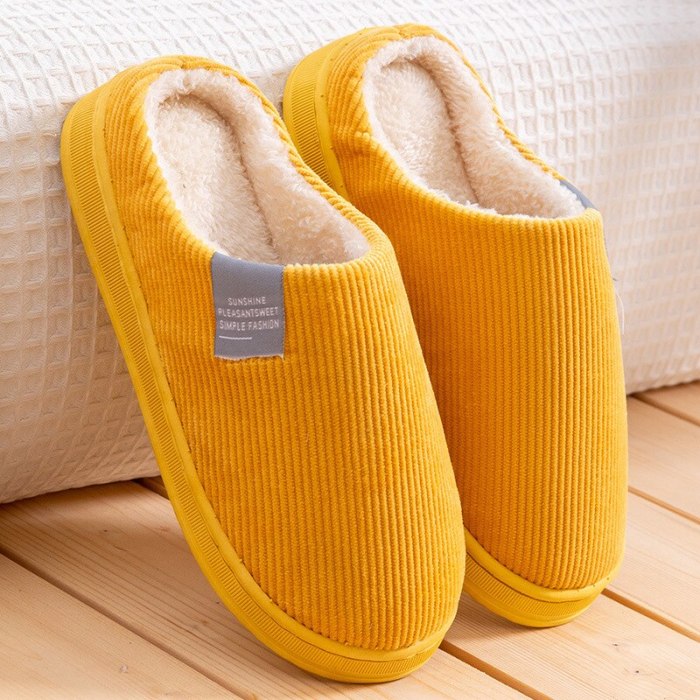 2020 Women Winter Slippers Vertical Striped Corduroy Plush Warm Shoes Couple Indoor Non-Slip Cotton Slippers Ladies Bedroom Shoe
