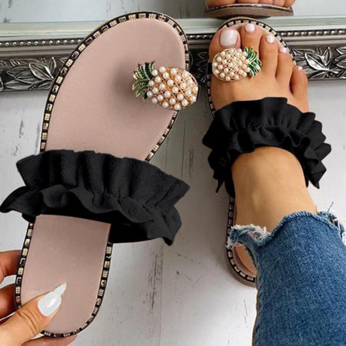 Summer Ladies Slippers Ruffles Leopard Flats Sandals New Fashion Women Shoes Casual Soft Flip Flops Plus Size Females Slides
