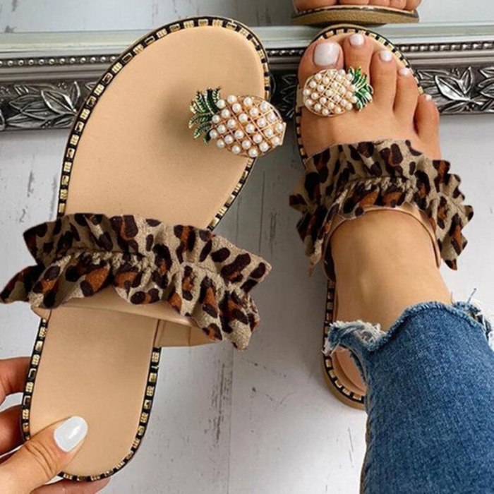 Summer Ladies Slippers Ruffles Leopard Flats Sandals New Fashion Women Shoes Casual Soft Flip Flops Plus Size Females Slides