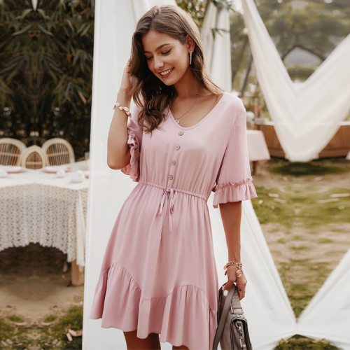 2020 New Elegant Solid V Neck Spring Summer Dress Lace Up Button Ruffles Sleeve A Line Mini Dress Pink Yellow