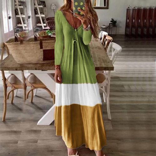 Long Sleeve V Neck Patchwork vestidos Casual  Retro Maxi Dress