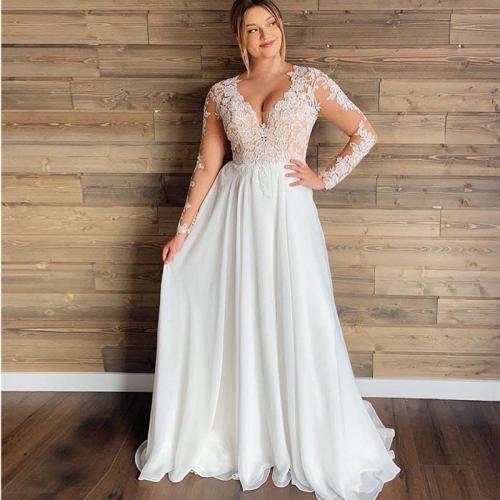 Plus Size Wedding Dresses 2019 V Neck Lace Appliques Long Sleeve Illusion Back Wedding Dress Sexy Women Bridal Gown