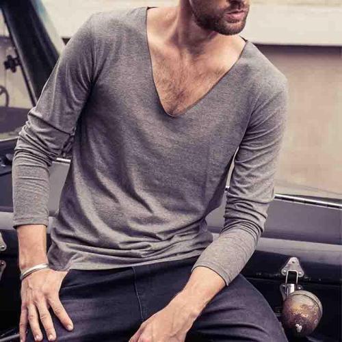Spring Men's V-Neck Personality Low Collar Long-Sleeved T-Shirt