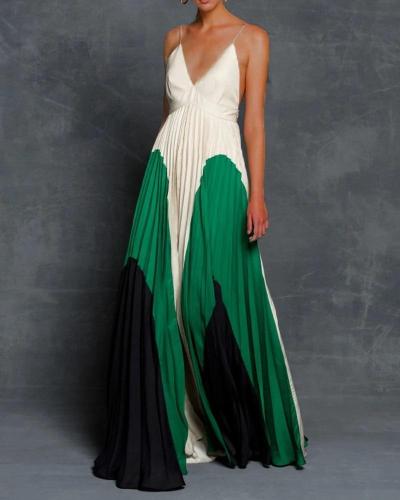 V-neck Sleeveless Pleated Sling Dresses Color Matching Plus Size Long Dresses Women 2020 Maxi Dresses