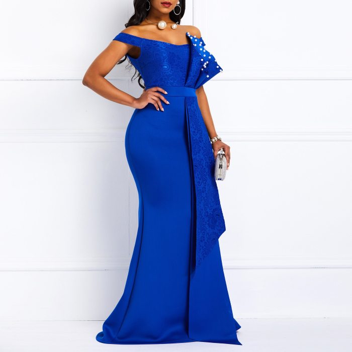 Blue Sexy Off Shoulder Evening Dress Long Luxury Mermaid Formal Party Dresses Plus Size Elegant Pleated Beads Maxi Vestidos