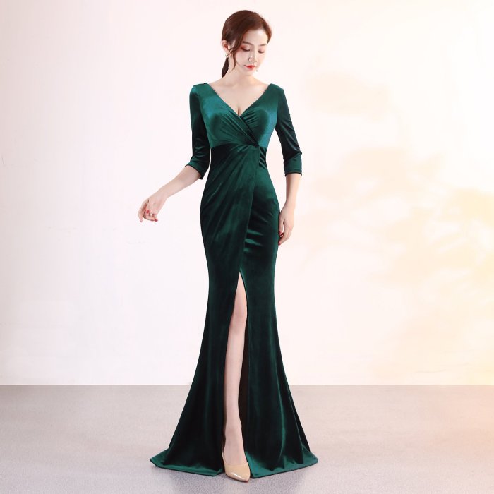 fashion elegant velvet Evening dress V-neck long sleeve party elegant evening gowns Mermaid Open fork evening dresses
