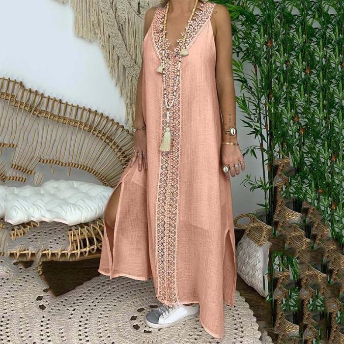 Split Long Dress Sexy Hollow Out Sleeveless Party V Neck Loose Maxi Dress