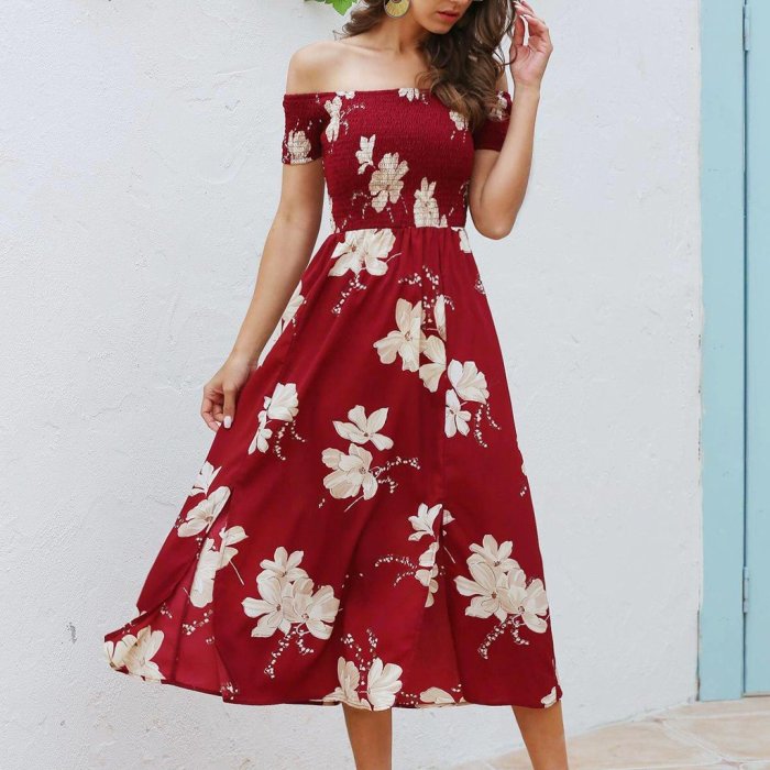 Slash Neck Waist Floral Print Casual Strapless Chiffon Side Split Maxi  Dress