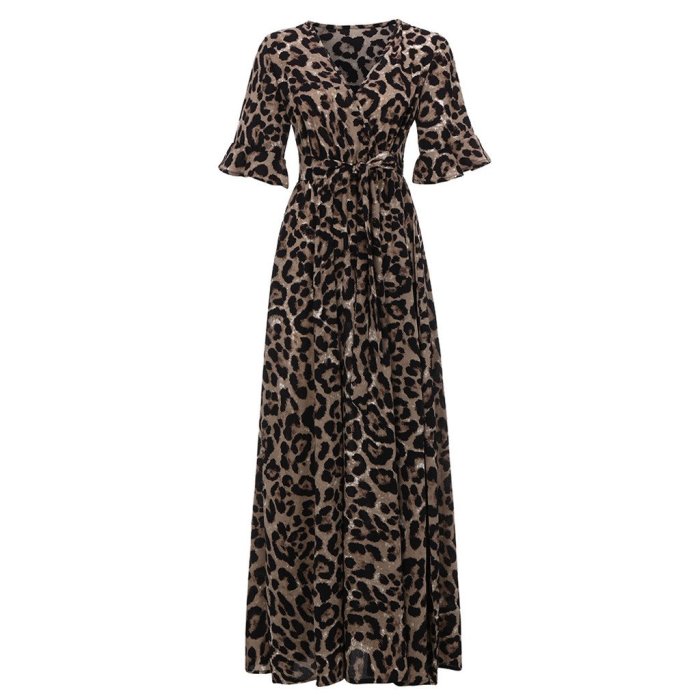 Sexy Plus Size Sashes Leopard Print V-Neck Short Sleeve Bandage Maxi Dress