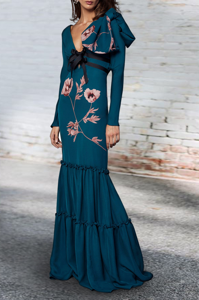 Sexy Deep V Collar Belt Bow Floral Printed Maxi Dress