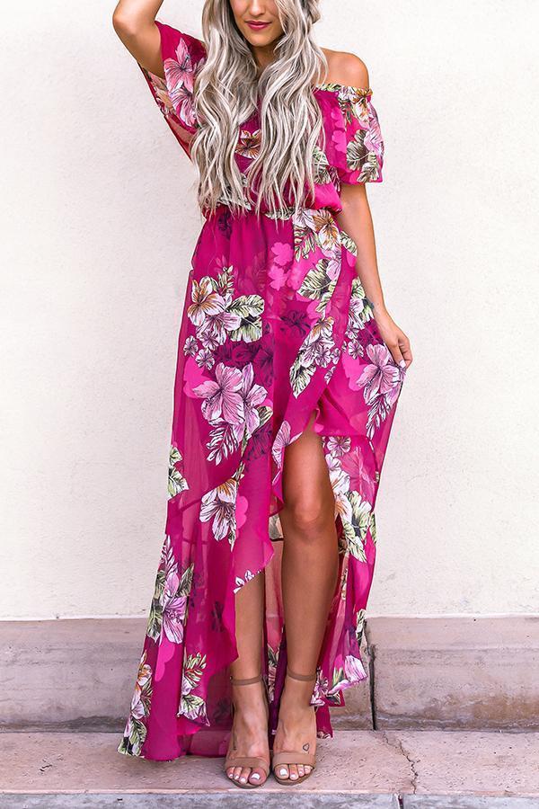 Rose Off Shoulder Floral Print Maxi Dress