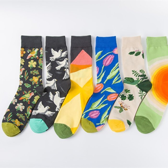 Personality Flower And Bird Sketch Series Couple Socks