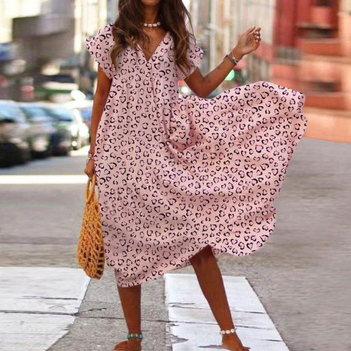 Office Lady Plus Size Loose V Neck Short Sleeve Leopard Print Chiffon Irregular Maxi Dress