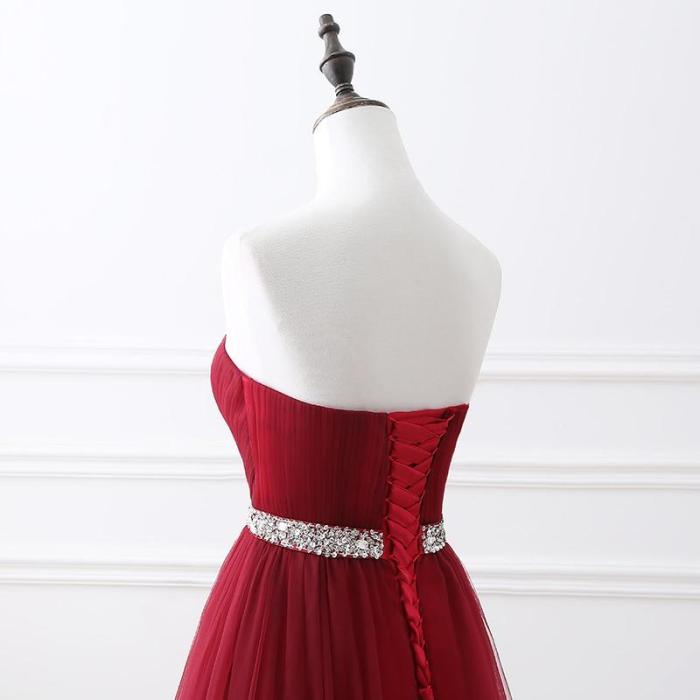 Simple 2020 Women Wine Red Evening Dress Formal Tulle Dresses Sweetheart Neckline Sequin Beaded Prom  GraduationParty Dress