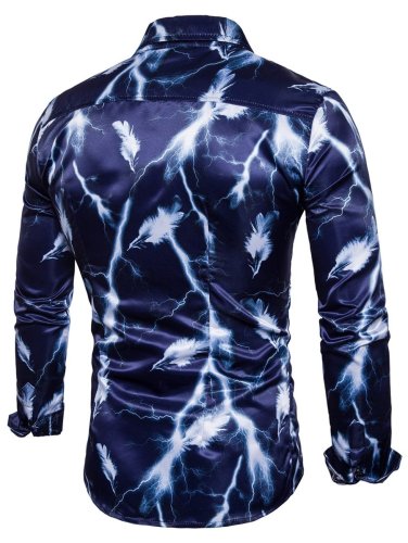 Turndown Collar 3D Lightning Feather Print Shirt 3647