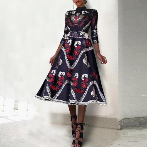 Fashion Elegant Ethnic Style Floral Printed Skater Dresses