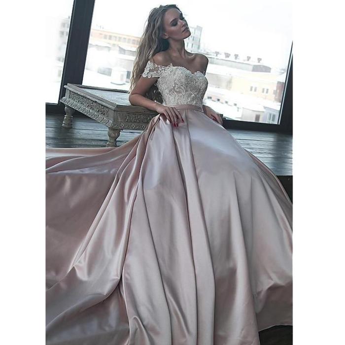 BEPEITHY Off The Shoulder Long Evening Dress Lace Bodice Vintage Sweetheart Formal Gown With Pocket Vestido De Festa Prom Dress