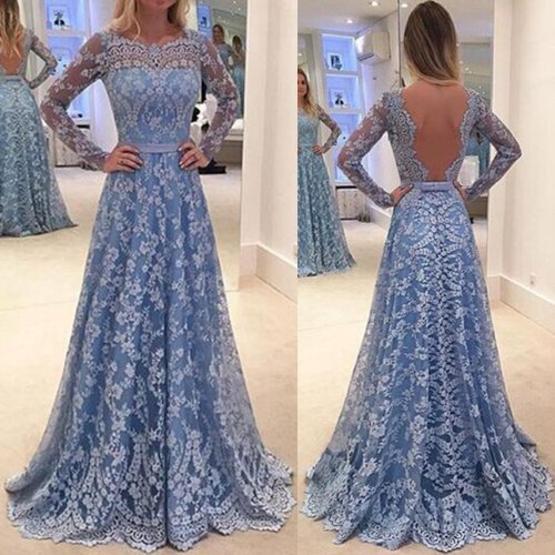Elegant Lace Embroidery Long-Sleeved Open Back Long Evening Dress