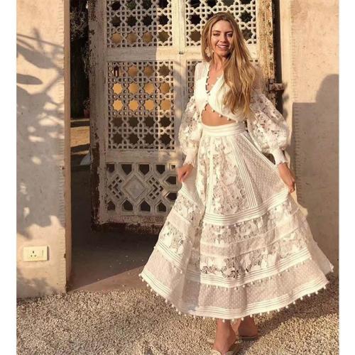 Women Set Puff Sleeve Hollow Out White Lace Shirt With Long Lace Skirt Sexy Two Piece 2020 Maxi Dresses