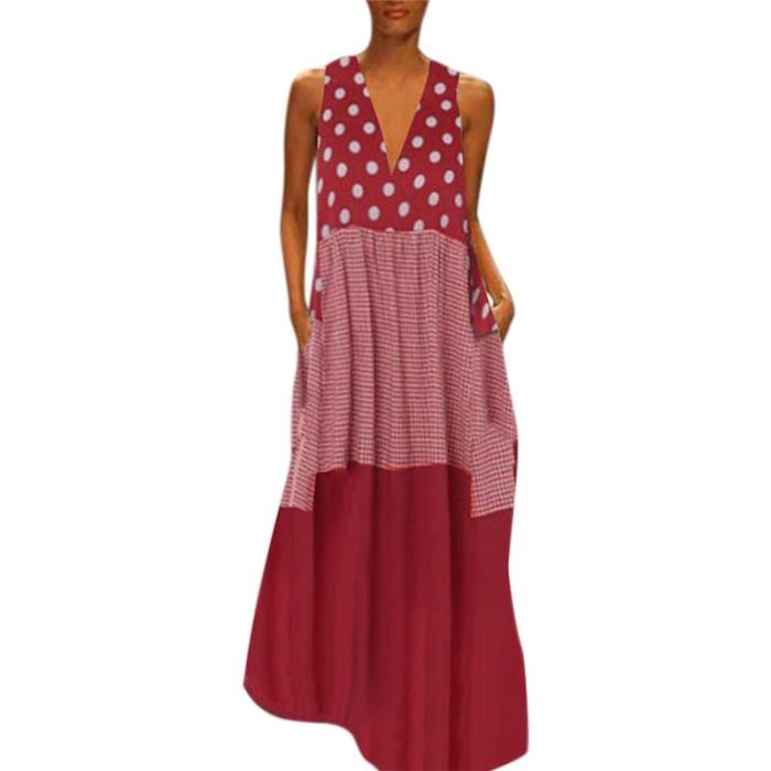 Sleeveless Fashion Big Size V Neck Dot Striped Patchwork Floor Length Maxi Dress