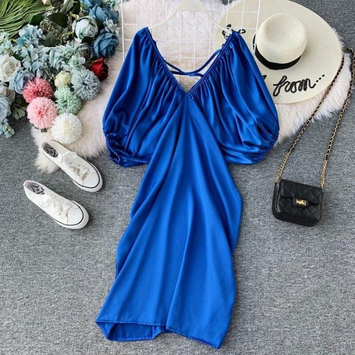 JOYMANMALL Retro Solid Plated Fashion Vestidos Elegant Korean Puff Sleeve Women Dress 2020 Summer V-neck Midi Dresses 12361
