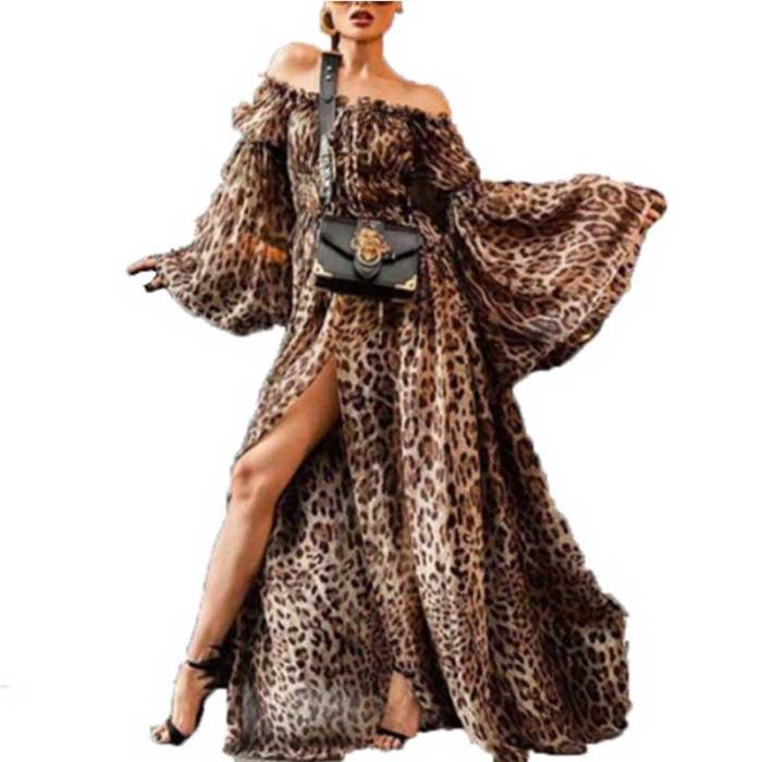 Leopard Print Long Sleeves Dress Women 2019 summer Elegant Off Shoulder Party Dress Sexy Split Long Dress Plus Vestidos