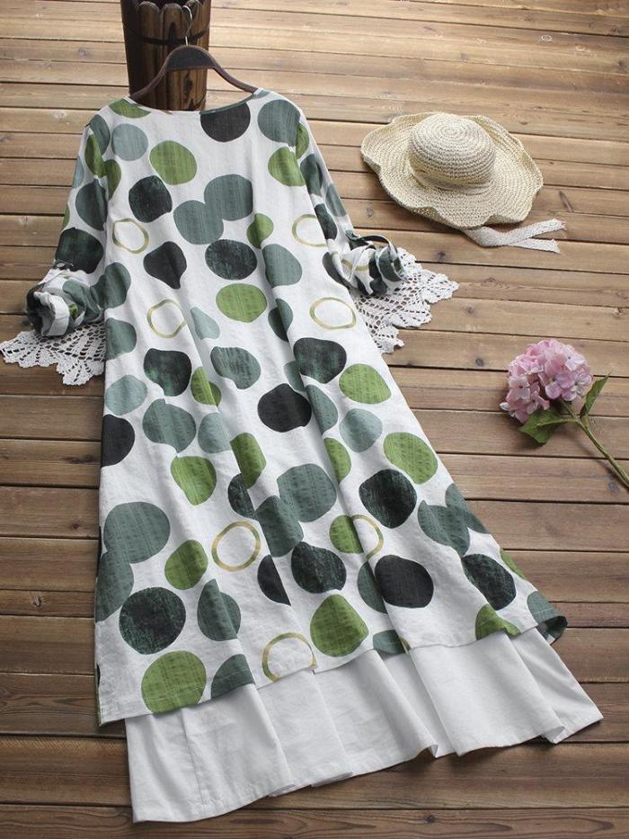 Vintage Polka Dot Patchwork Pocket V-neck Plus Size Maxi Dress