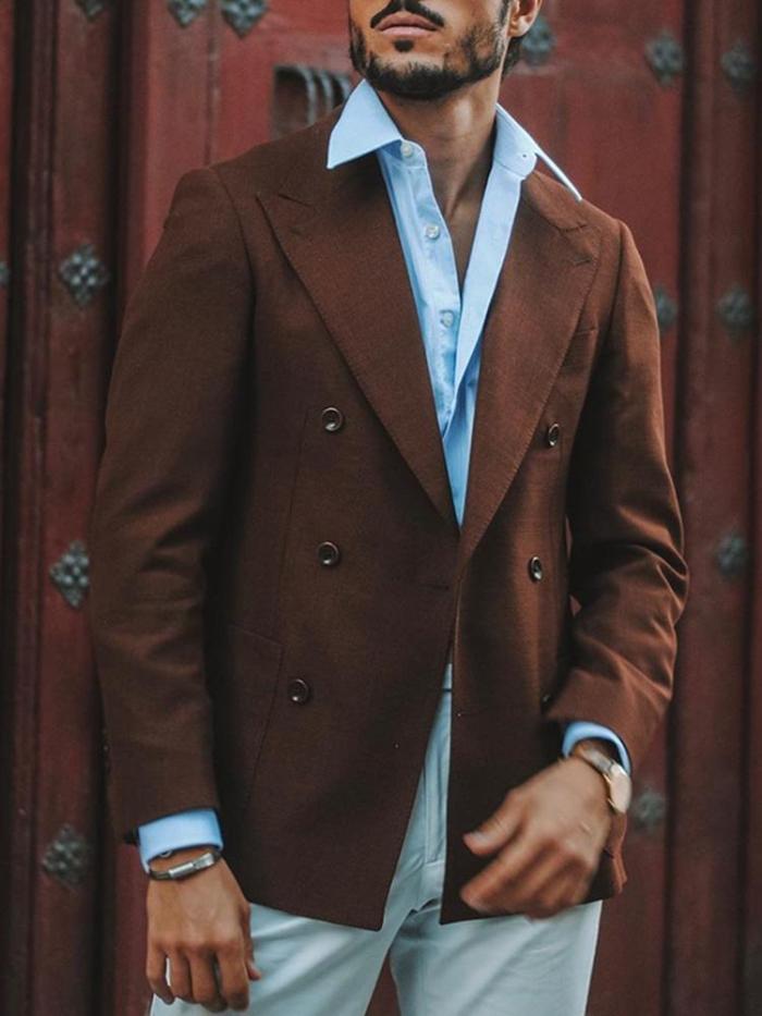Fashion caramel double-breasted patch pocket men's blazer