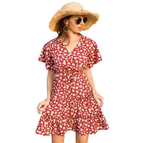 Summer Chiffon Casual Dress 2020 Boho Beach Dress Fashion Short Sleeve V-neck Flower A-line Party Dresses Sundress Vestidos