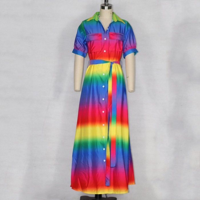 Tie-dye Print A-line Boho Beach Short Sleeve Office Shirt Dress Long Party Maxi Dresses