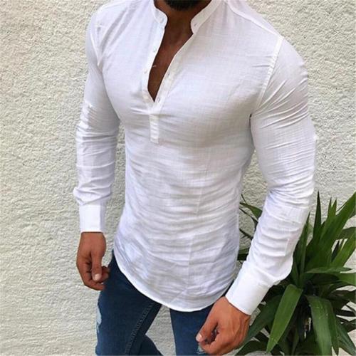 Fashion Masculine Plain V Button Collar Long Sleeve Shirt Top