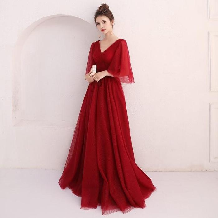 Fashion Wine Red Banquet Evening Dresses Sexy Deep V-neck Floor Length Party Prom Gown Plus Size Women Dress Vestido Debutante
