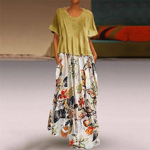 Plus Size 5XL Women Vestidos Vintage Print Patchwork O-Neck Two Pieces Plus Size Dress Women Pockets Maxi Dress