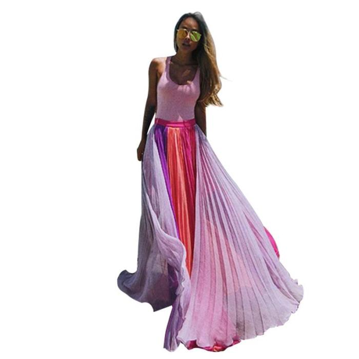 Sleeveless O-Neck Color Matching Pink Chiffon Dresses Long Plus Size Maxi Beach Maxi Dresses