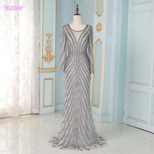 Elegant Gray Long Sleeve Evening Dresses 2020 Tulle Beading Mermaid Formal Women Party Dress YQLNNE