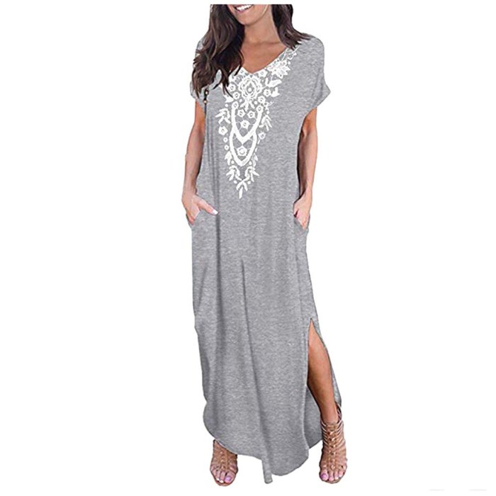 Fashion Loose Short Sleeve V-Neck Lace Pocket Print Split  Maxi  Dress