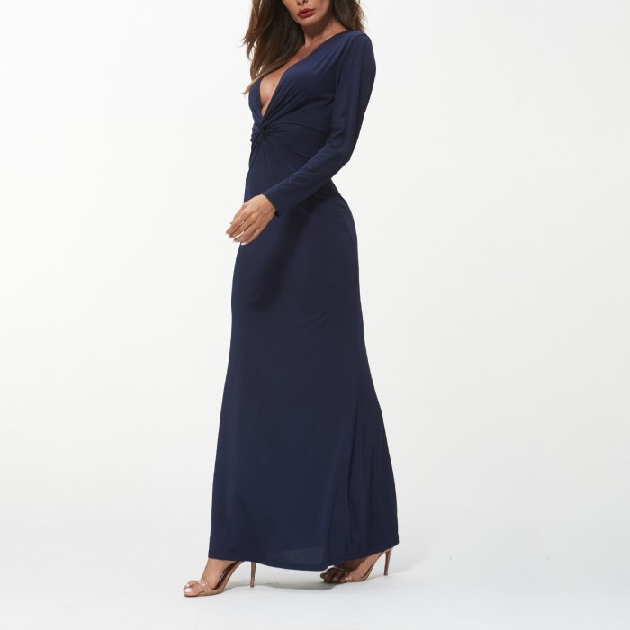 Sexy Deep-V-Neck Long Sleeves Plain Maxi Dress