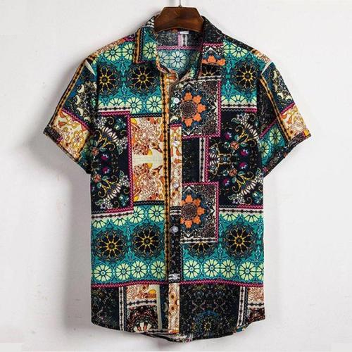 Summer Mens Ethnic Printed Breathable Short Sleeve Shirts
