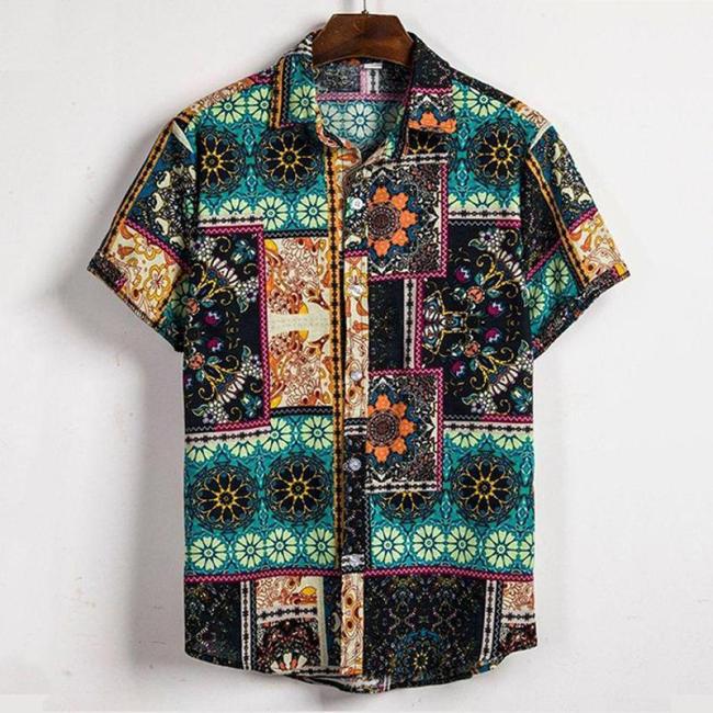 Summer Mens Ethnic Printed Breathable Short Sleeve Shirts