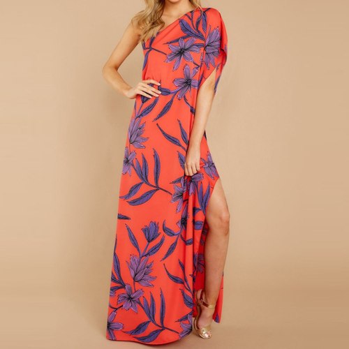 Elegant Sexy One Shoulder Prairie Tropical Floral Print Single Fork Opening Maxi Dresses