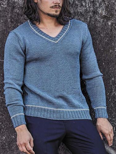 Blue V-neck men's slim knit sweater