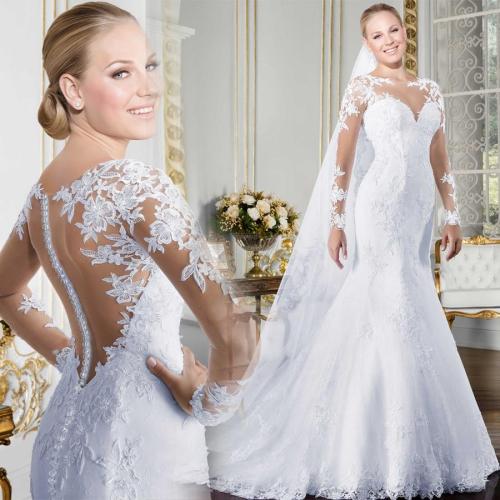 Sheer O-neck Long Sleeve Mermaid Wedding Dress 2019 See Through Illusion Back White Bridal Gowns with Lace Appliques