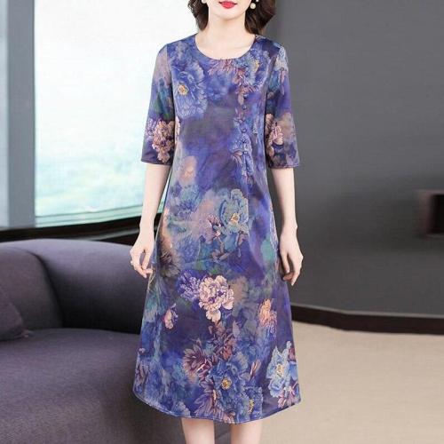 Women Summer New Printing Silk Dresses 2019 Middle-aged Half Sleeves Loose Plus size Dress Vintage O-Neck Elegant A-line Dress