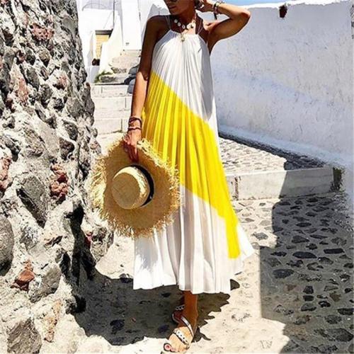 Casual Vacation Color Block Halter Pleated Dress