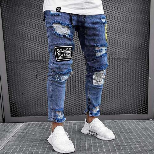 Badge Ripped Holes Zipper Jeans